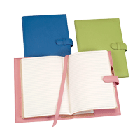 pink, lime green and blue leather journals