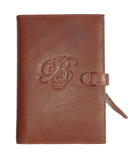 debossed monogram on British Tan Forever leather journal