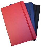 Non-refillable faux leather journal in red, navy blue and black
